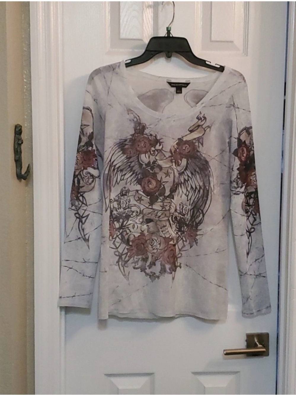 Rock & Republic Vintage Y2K 2000s Sheer Tattoo Graphic Mesh Long Sleeve Top S
